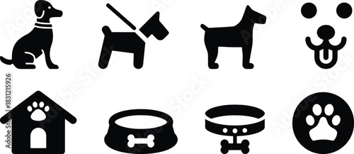 dog, icons, set, pet, animal, silhouette, sitting dog, dog on leash, standing dog, dog face, dog house, dog bowl, bone, collar, paw print, circle, black and white, simple, graphic, illustration, domes