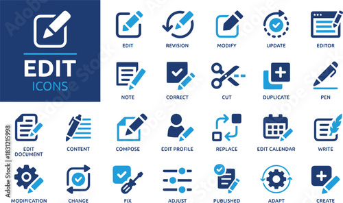 edit, document, icons, set, pencil, pen, paper, note, correct, cut, scissors, duplicate, plus, sign, content, compose, profile, person, replace, arrows, calendar, write, feather, modification, gear, c