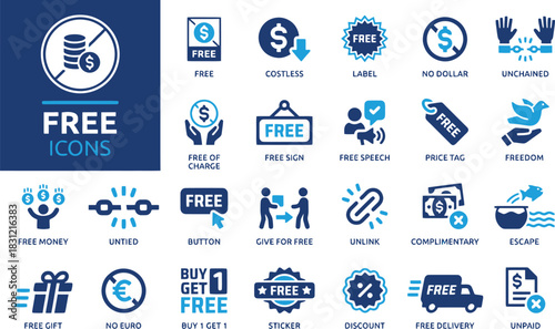 free, icons, set, collection, symbol, sign, graphic, design, commerce, shopping, offer, discount, promotion, sale, label, tag, money, costless, unchained, freedom, button, gift, euro, buy, sticker, de