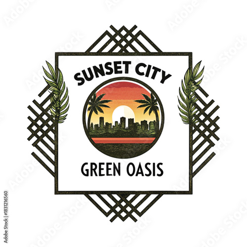 Vintage logo design of Sunset City with green oasis elements  