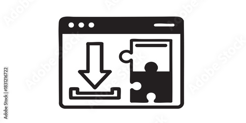 Website window with downloading arrow thin line icon, data hoarding concept. Vector graphics. Page of media content puzzle sign on white background, style icon mobile or web desi