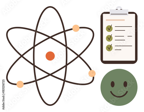 Atom model with orbiting particles, checklist clipboard with green checkmarks, and happy face. Ideal for science, education, learning, organization, positivity success progress. Simple flat