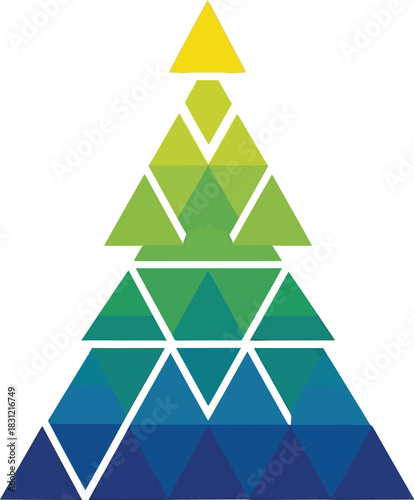 Abstract christmas tree made of triangles with yellow green and blue color scheme on white background
