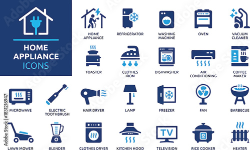 home appliance, icon, set, refrigerator, washing machine, oven, vacuum cleaner, toaster, clothes iron, dishwasher, air conditioning, coffee maker, microwave, electric toothbrush, hair dryer, lamp, fre