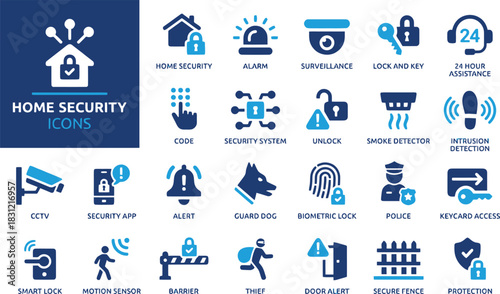 illustration, secure, guard, lock, flat, representing, blue, biometric, symbol, symbols., intrusion, white, shield, bells, unlock, home, surveillance, security, design, vector, key, systems, graphic, 
