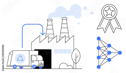 Recycling truck unloading at factory with emissions, award ribbon, and neural network illustration. Ideal for waste management, sustainability, AI, innovation, efficiency, certifications industry