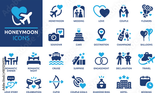 honeymoon, icon, set, wedding, love, couple, flowers, souvenir, cake, destination, champagne, balloons, romantic dinner, romantic night, cruise, surprise, engagement, declaration, travel, love story, 