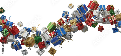 Festive array of colorful gift boxes with ribbons floating on a clean white background creating a wave