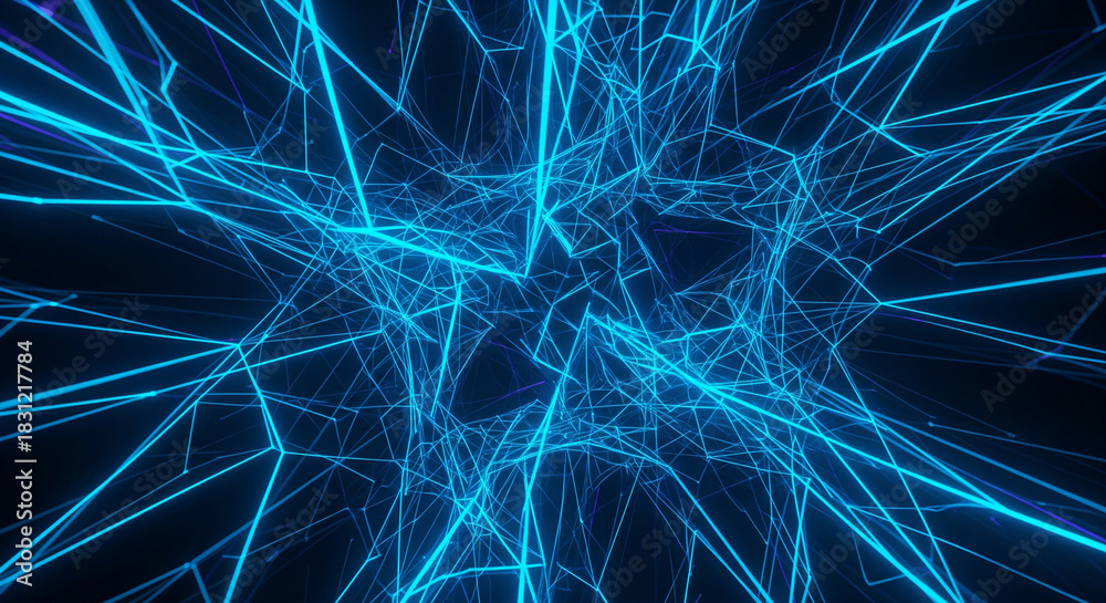 Fototapeta premium Abstract Neon Blue Polygonal Wireframe Network Over Dark Background Tech A vibrant, abstract visualization of a complex, interconnected polygonal network or wireframe structure rendered 