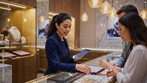 Choosing jewelry in a store, a jewelry store employee, holding a tablet, helps customers choose gifts, providing information about the price and manufacturer of jewelry, sales season