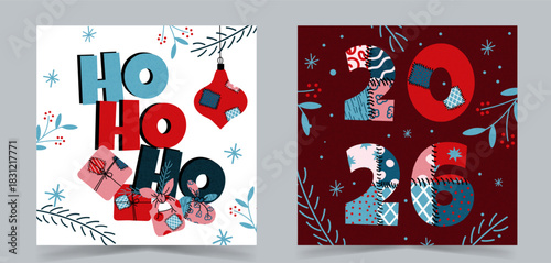 Festive holiday illustration set featuring patchwork “Ho Ho Ho” lettering and decorative 2026 numbers with winter branches, berries and ornaments. Modern Christmas and New Year design for seasonal car