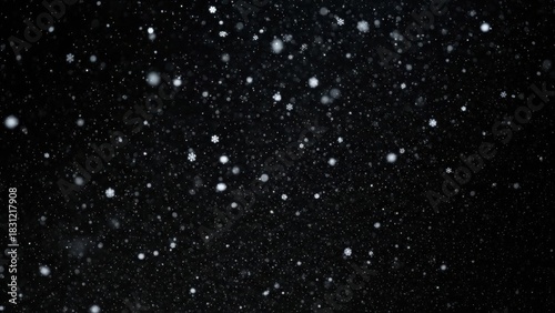 Falling Snowflakes and Bokeh Lights on Dark Background