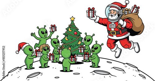 Santa in spacesuit delivering gifts to aliens on the moon near a christmas tree with a star on top