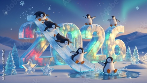 Penguins sliding down ice slope in winter scenery with 2026  