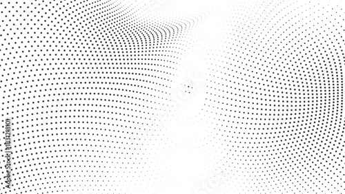 Dynamic wave pattern of small black dots on a clean white background, creating an abstract, modern, and digital flowing texture design Vector