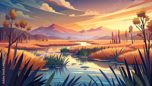 Very beautiful serene wetlands stretch across open prairie, with tall grasses, still water pools, and soft warm light creating a peaceful natural scene ideal for environmental, travel, and outdoor the