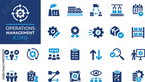 operations, management, icons, set, collection, business, strategy, workflow, process, efficiency, logistics, supply chain, factory, shipping, cargo, delivery, conveyor belt, calendar, planning, teamw