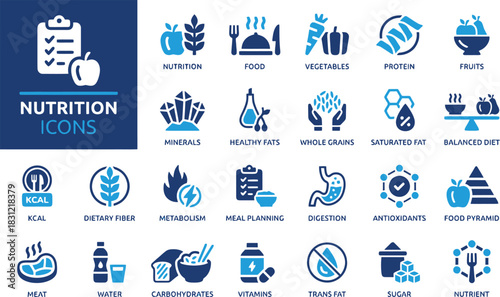 nutrition, icons, collection, set, food, health, diet, apple, wheat, fork, knife, vegetables, protein, fruits, minerals, crystal, oil, bottle, healthy fats, whole grains, saturated fat, balanced diet,