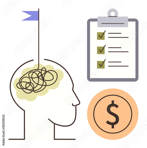 Human head with tangled lines transforming into focus, flag as achievement, checklist with ticks, and dollar coin. Ideal for productivity, finance, goal setting, organization, clarity habits