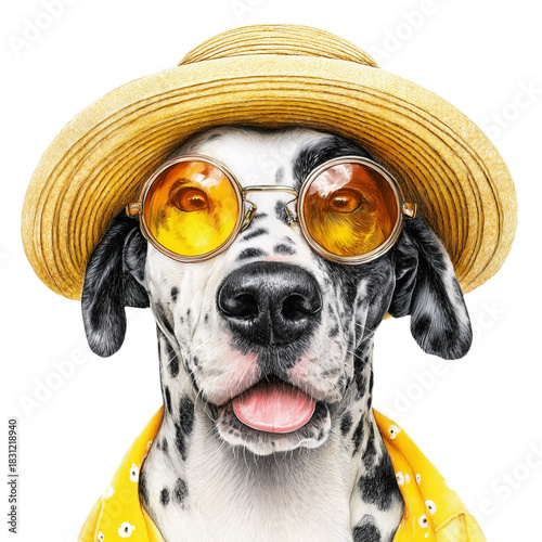 Cute Dalmatian Dog  wearing summer hat and glasses, isolated on white or transparent background , travel vacation holiday summer seasonal concept banner 