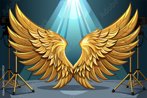 vector of A pair of golden angel wings in the background of a photography studio. Potential graphic resource for use by photographers.