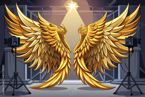 vector of A pair of golden angel wings in the background of a photography studio. Potential graphic resource for use by photographers.