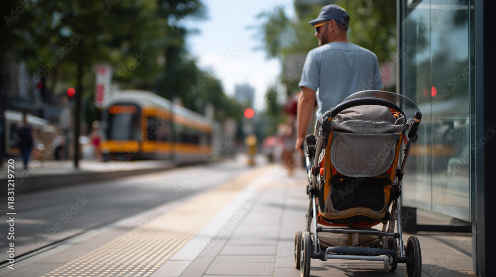Obraz premium Faceless Person Guiding a Stroller Along Tactile Paving Near a Transit Stop Faces Out of Frame Showing Universal Design Benefits for Everyone defocused city no logos
