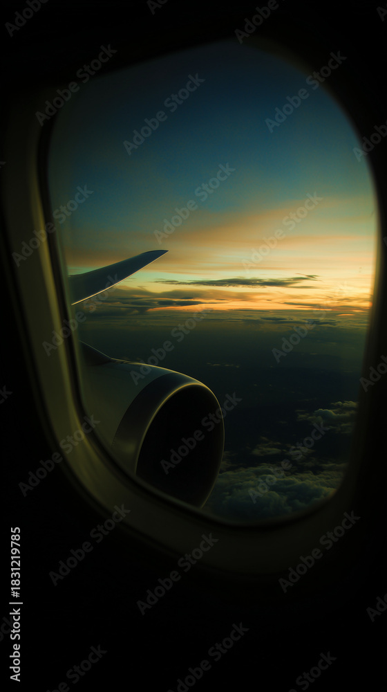 Naklejka premium A jet engine and wing are seen through an airplane window during a colorful sunset over the clouds.