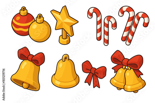 Colorful Christmas Ornaments Including Stars, Candy Canes, and Decorative Bells on Black Background