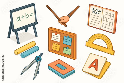 Colorful Education and Learning Tools including Chalkboard and Stationery Items