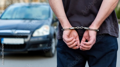 Man in handcuffs standing near a car after arrest, concept of crime, vehicle theft, law violation, police detention, public safety, criminal investigation, justice, street incident, legal process