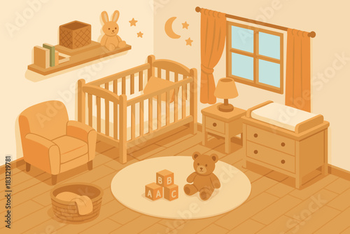 Cozy Nursery Room With Wooden Crib And Changing Table Decorated With Stars Moon And Toys Including Teddy Bear And Stuffed Rabbit Warm Lighting Creates A Peaceful Ambiance