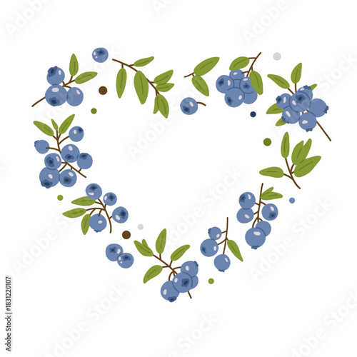 Vector heart-shaped frame made of blueberry branches with leaves. Cute flat botanical illustration of bilberries/blueberries, perfect for cards, packaging, summer designs and decoration.