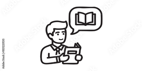 Writer man with book in popup bubble thin line icon, book festival concept. Vector graphics. Book author, artist tells story sign on white background, style icon mobile or web design
