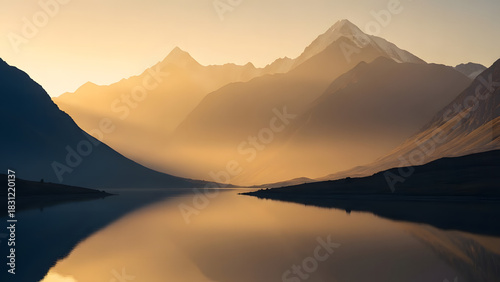 Golden Hour Mountain Vista: The serene image shows the sun's radiant glow upon the majestic mountain range. The placid lake below mirrors the scenery above.