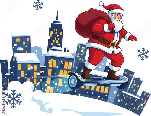 Santa claus on a hoverboard in a snowy city delivering presents with a sack over his shoulder cartoon