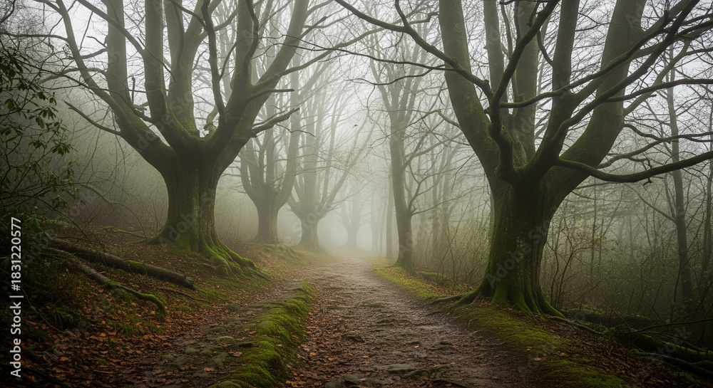 Obraz premium Eerie and Mysterious Foggy Forest Path Lined with Gnarled Ancient Trees A dramatic and atmospheric photograph of a winding dirt trail disappearing into a dense woodland heavily obscured by thick