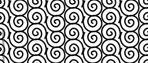Seamless doodle pattern with connected spiral lines. Abstract modern background with black geometric rhythm. Vector illustration on an isolated background.