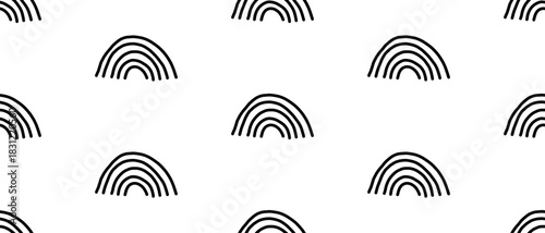 Seamless doodle pattern with black rainbows on white background. Minimal hand drawn vector texture in simple outline style. Vector illustration on an isolated background.