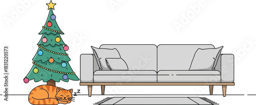 A cartoon christmas scene with a cat sleeping by the tree near a gray couch and a small rug