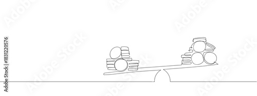 Financial business illustration, pile of coins placed on a seesaw in one continuous line. Vector illustration, One line art, Line art graphic style Editable stroke.