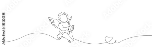 Cupid plays the harp of love in one continuous line. Vector illustration, One line art, Line art graphic style Editable stroke.