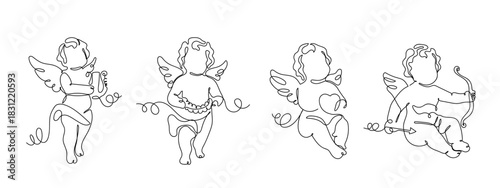 Set of Cupids, various poses in one continuous line. Vector illustration, One line art, Line art graphic style Editable stroke.