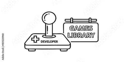 Display with developer brand and game joystick thin line icon, data hoarding concept. Vector graphics. Games library sign on white background, style icon mobile or web design.