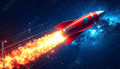 Fototapeta Naklejka Na Ścianę i Meble -  A vibrant illustration of a rocket ship soaring through a star-filled cosmos, space travel