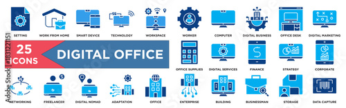 Digital Office Dual Tone Icon Set – Setting, Work From Home, Smart Device, Digital Business, Office Desk