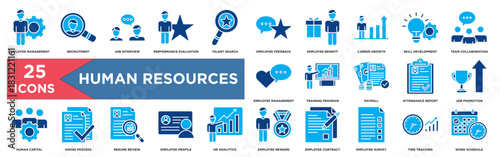 Human Resource Dual Tone Icon Set – Employee Management, Recruitment, Job Interview, Performance Evaluation, Talent Search