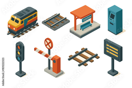Isometric Train Station Elements Including Tracks Signal Lights and Ticket Machine