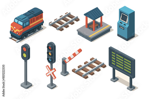 Isometric Railway Station Elements with Train Signals and Ticket Machine