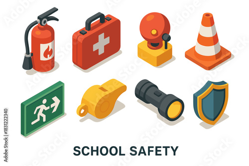 School Safety Equipment Including Fire Extinguisher First Aid Kit Emergency Cone Alarm and Whistle